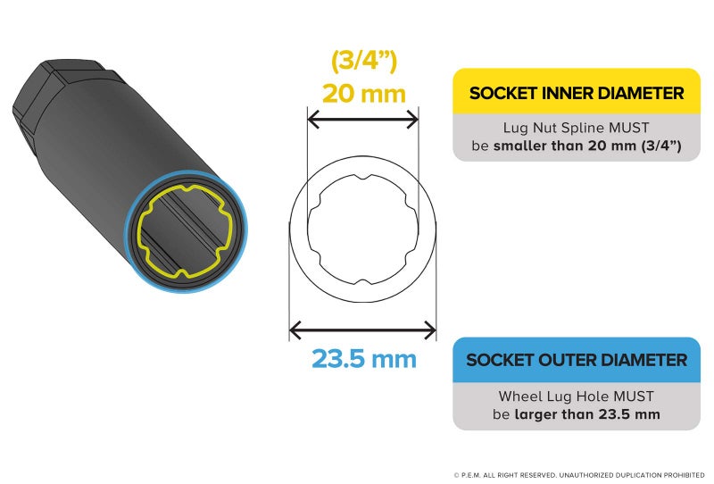 StanceMagic Large 6 Point Spline Drive Tuner Replacement Socket Key Tool for for Six Spline Truck SUV Wheel Lock Lug Nuts - 20mm Inner Diameter - 21mm 13/16" 22mm 7/8" Hex Socket Wrench - Silver - Image 3